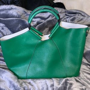 Green round handle tote purse
